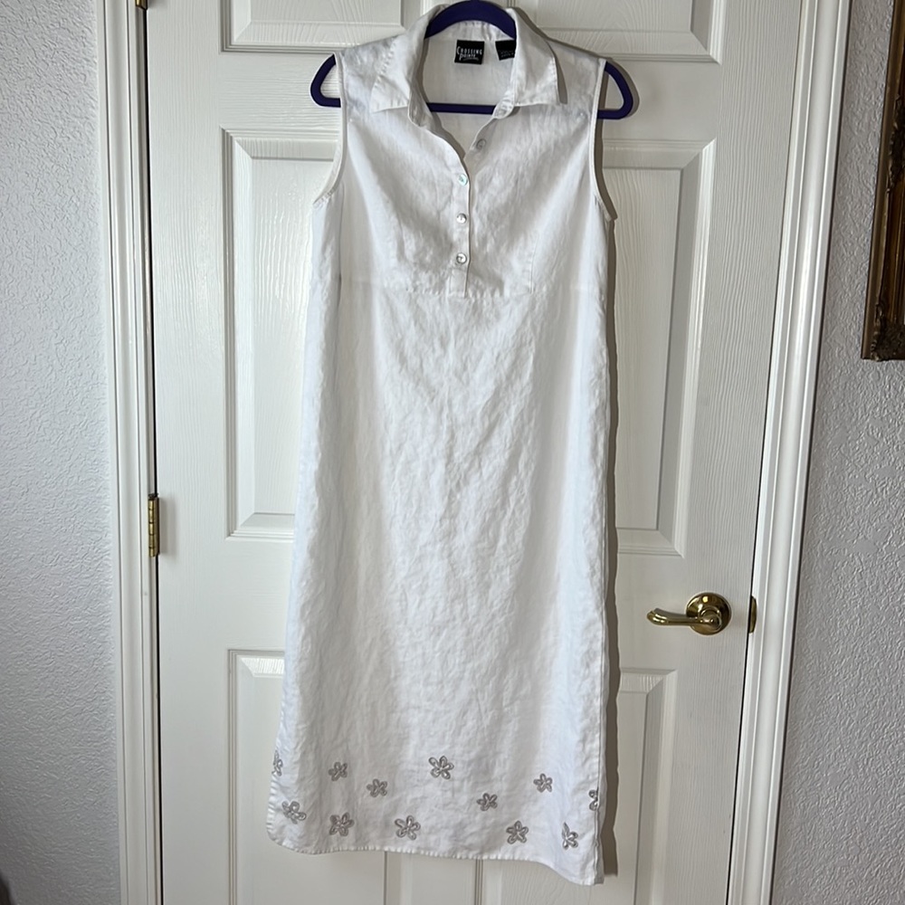 Crossing Pointe Linen Sleeveless Dress Floral Cut Out Border, Sz 12 PT